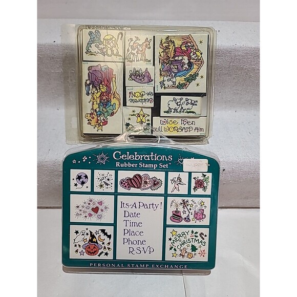 LOT Of 2 Rubber Stamp Sets Christmas Halloween Party Nativity 19 Stamps Total - Picture 1 of 8